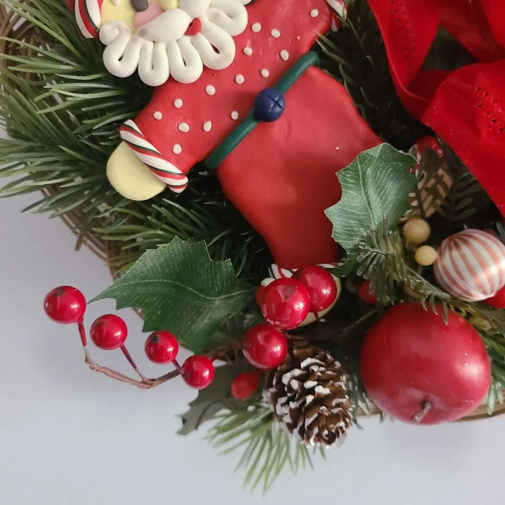 Vintage Wicker Christmas Wreath Wall Hanging With Clay Santa + Greenery + Ribbon